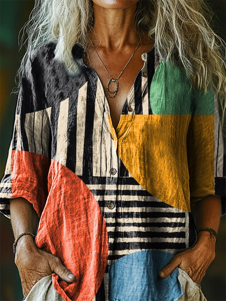 Women's Abstract Geometry Art Print Casual Cotton Linen Shirt