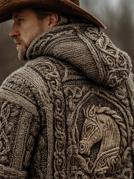 Men's Vintage Horse Crochet Celtic Cozy Knit Hooded Sweater elevenforest