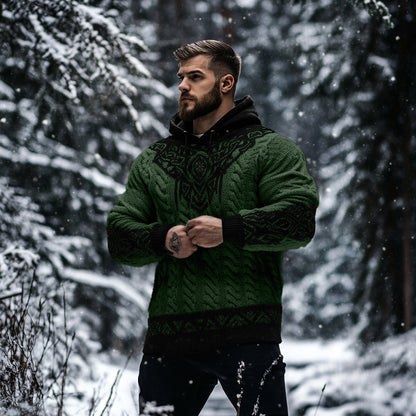 Men's Viking Tribal Jacquard Celtic Inspired Chunky Knit Hooded Sweater elevenforest