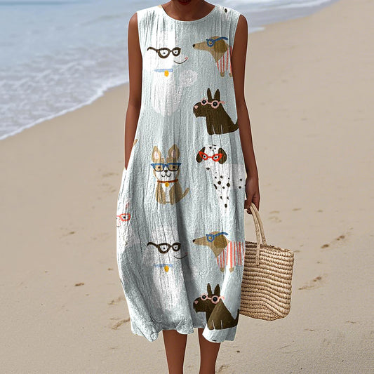Comstylish Women's Retro Cute Dogs Art Print Sleeveless Dress
