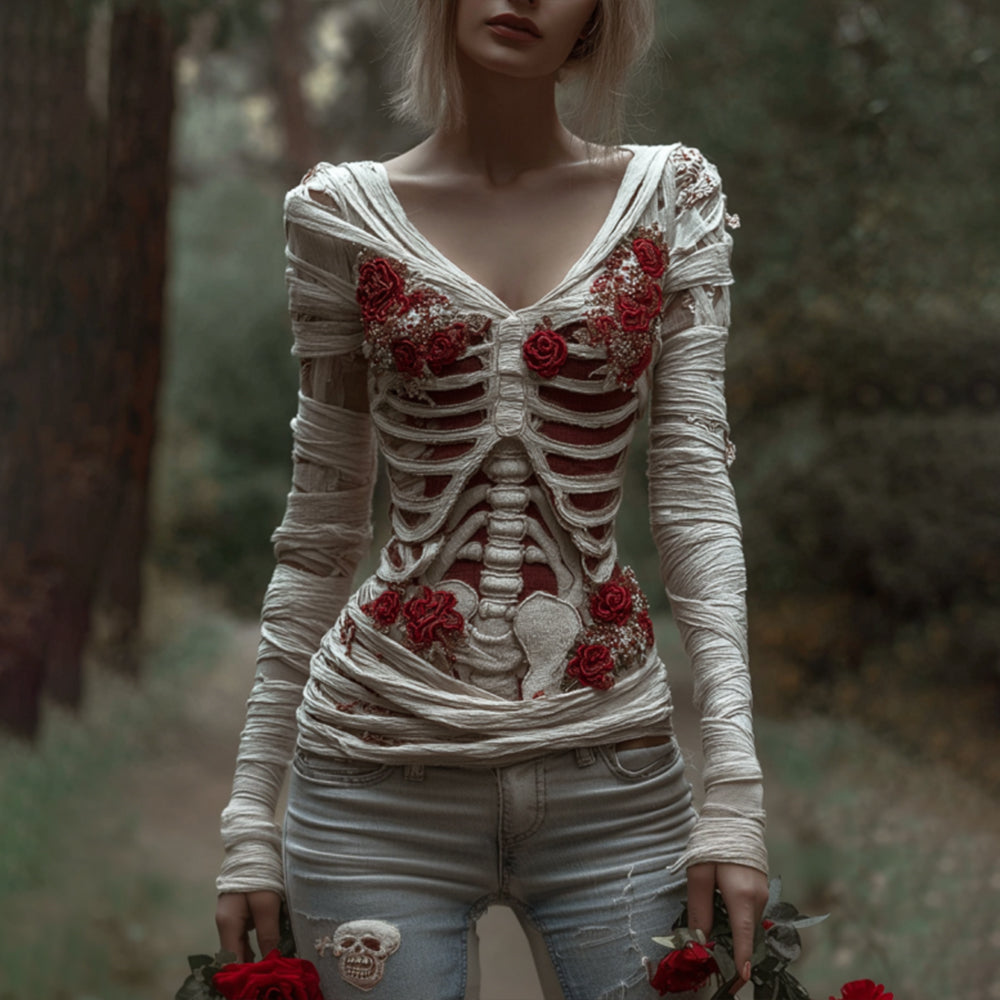 Comstylish Women's Halloween Skeleton Rose Elegant Bandage V-neck Sweater