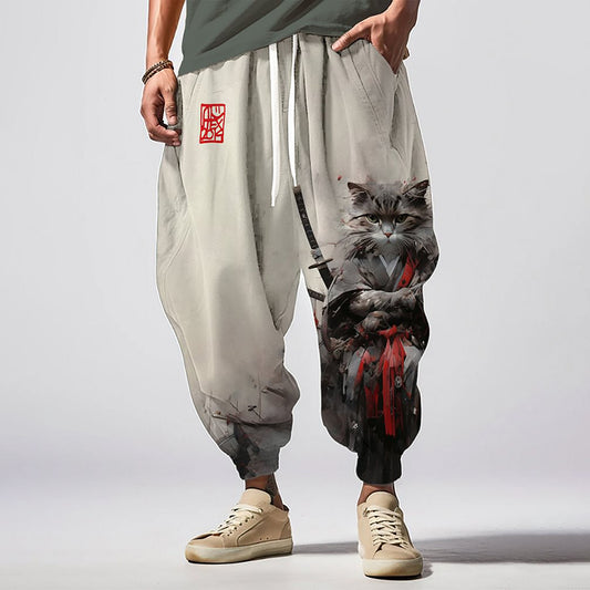 Vintage Kimono Cat Warrior Japanese Art Print Pattern Casual Loose Drawstring Waist Sweatpants elevenforest