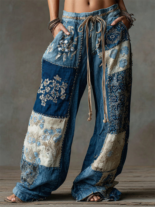 Boho Floral Embroidered Colorblock Flowy Wide Leg Linen Pants