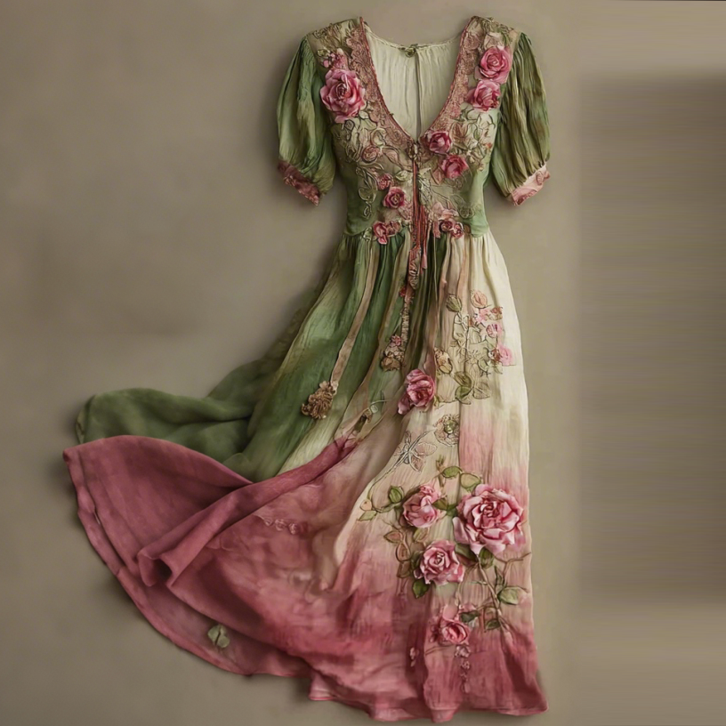 Vintage Pink Rose Embroidered Gradient Art Linen Maxi Dress artswardrobe