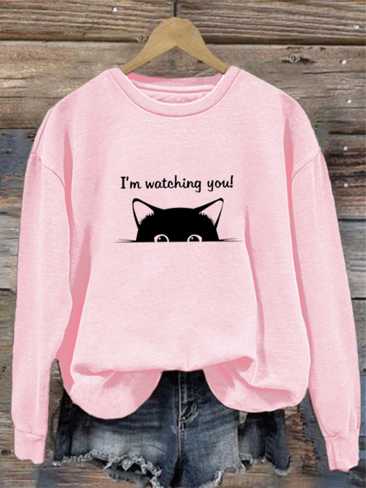 I'm Watching You! Black Cat Print Sweatshirt elevenforest