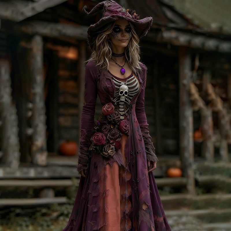 Comstylish Women's Halloween Rose Skeleton Witch Role Play Round Neck Maxi Dress