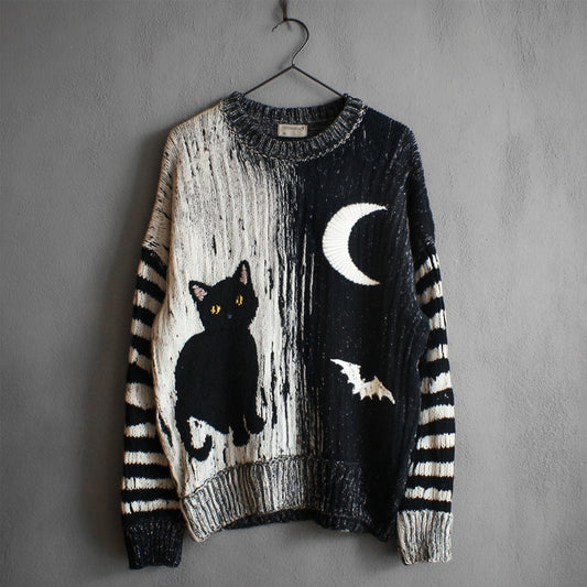 Halloween Black Cat & Bat Contrast Striped Sleeve Knitted Sweater artswardrobe
