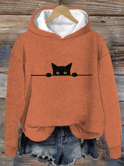 Comstylish Women's Casual Funny Black Cat Print Hood Sweater