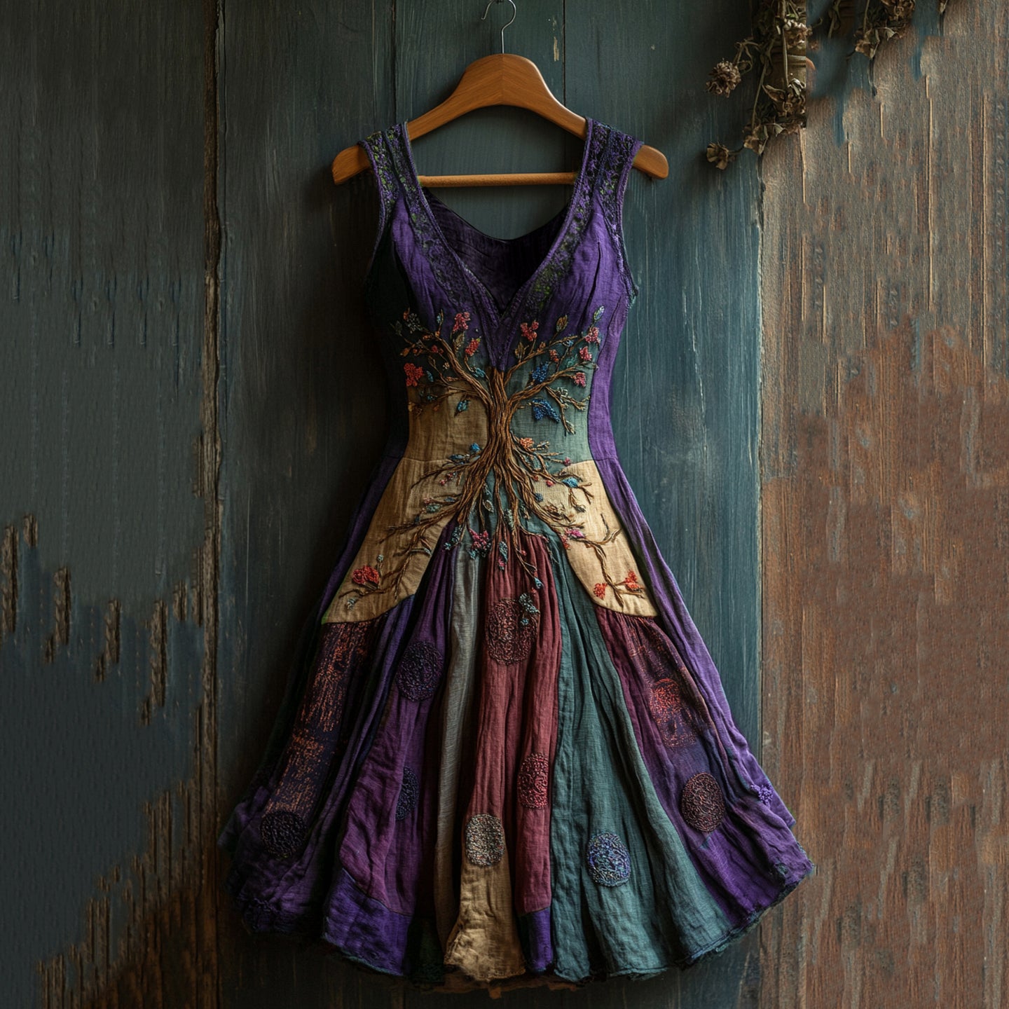 Women's Viking Celtic Knot Art Tree Of Life Patchwork Linen Midi Dress artswardrobe