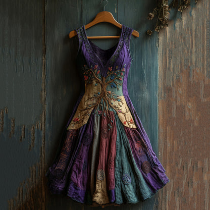 Women's Viking Celtic Knot Art Tree Of Life Patchwork Linen Midi Dress artswardrobe