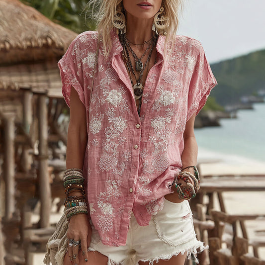 Comstylish Women's Vintage Embroidery Floral Art Short Sleeve Shirt