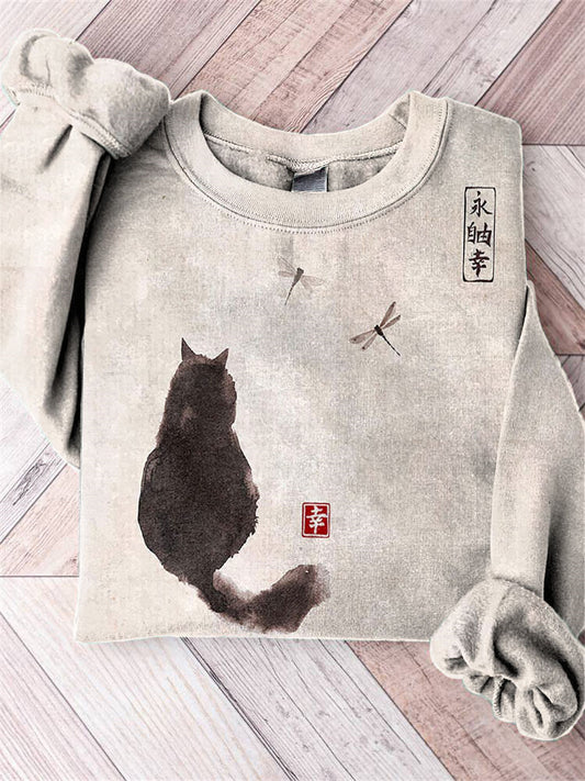 Ink Painting Black Cat Japanese Art Print Vintage Sweatshirt elevenforest