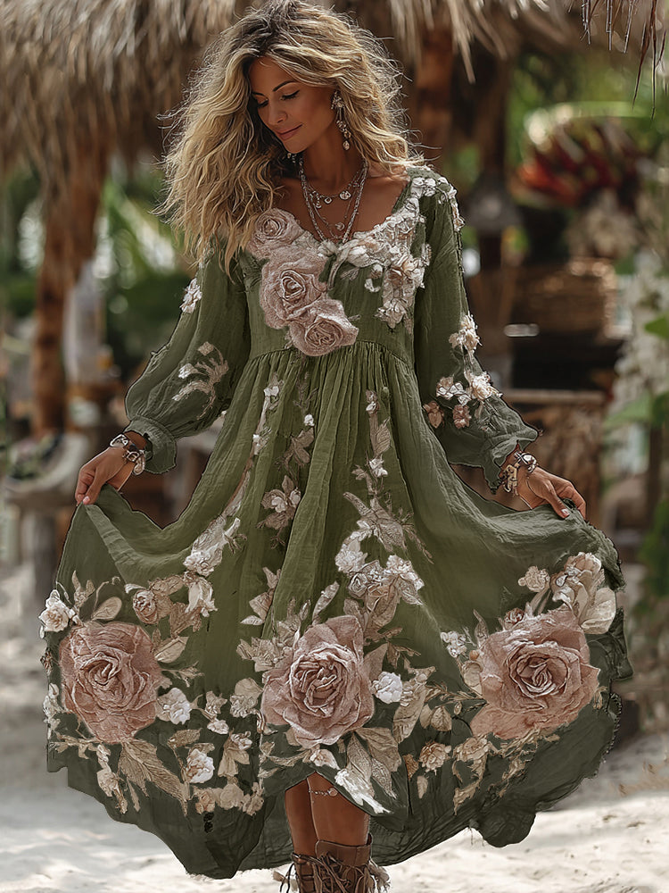 Women's Vintage Romantic White Rose Embroidery Art Comfy Linen Maxi Dress artswardrobe