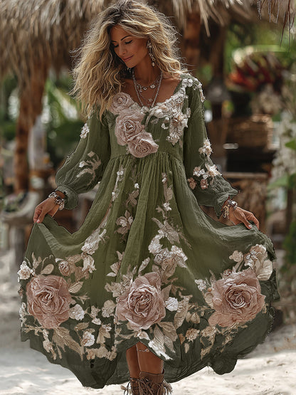 Women's Vintage Romantic White Rose Embroidery Art Comfy Linen Maxi Dress artswardrobe