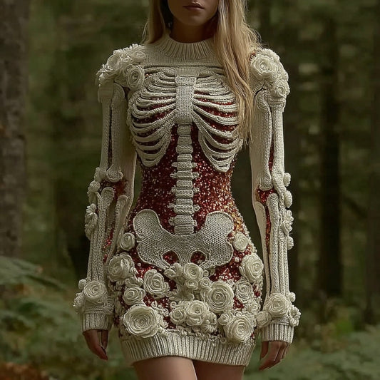 Women's Vintage Halloween Skeleton Bones Rose Art Cozy Knit Mini Sweater Dress artswardrobe