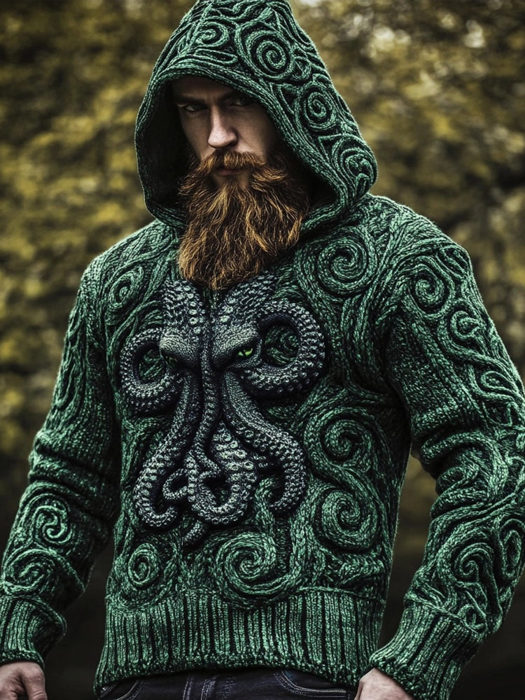 Men's Retro Cthulu Celtic Jacquard Chunky Hooded Sweater elevenforest