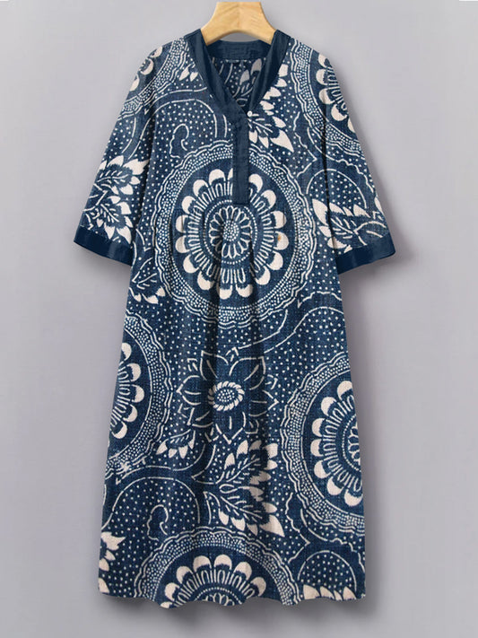 Vintage Japanese Traditional Sashiko Art Pattern V-Neck Long Sleeves D