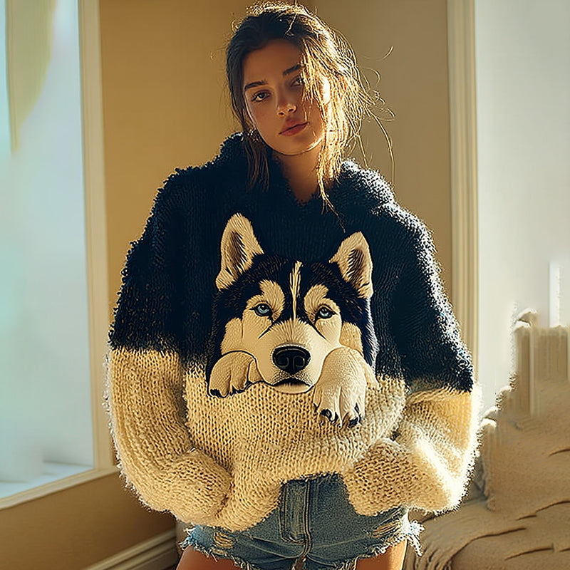 Comstylish Vintage Cute Fuzzy Husky Dog Felt Art Cozy Knit Hooded Sweater