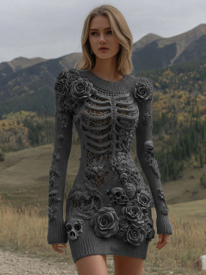 Comstylish Women's Vintage Halloween Skeleton Skull With Rose Art Cozy Sweater Dress