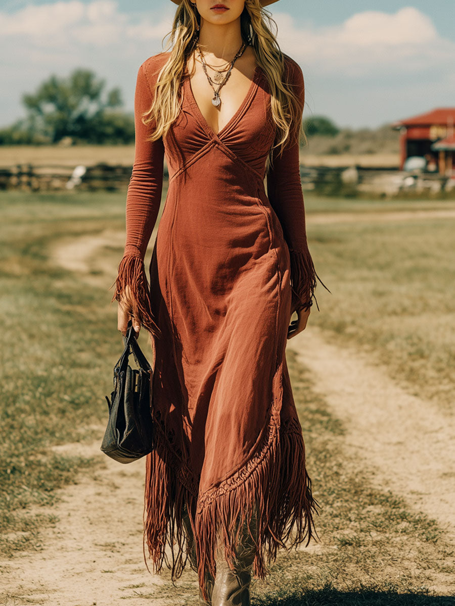 Western Retro Brick Red Cotton Long Sleeve Tassel Maxi Dress