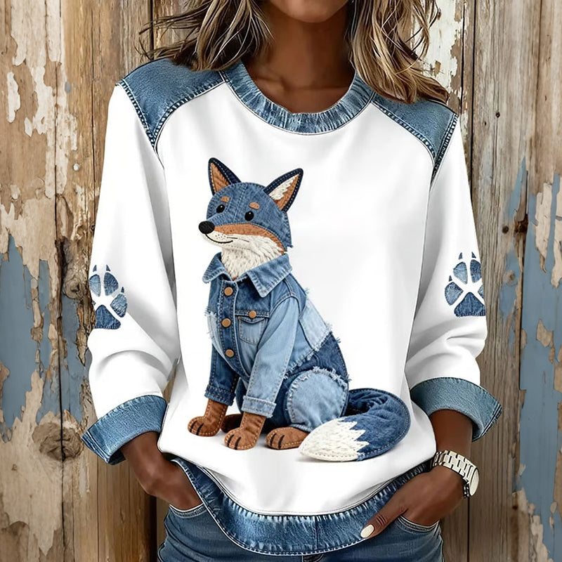 Comstylish Women's Fox And Nick Art Pattern Patchwork Casual Sweatshirt