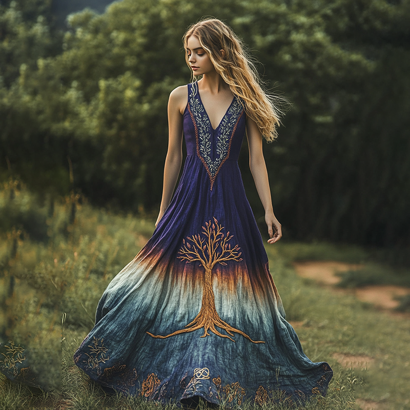 Viking Tree Of Life Contrast Color Belt Maxi Dress artswardrobe
