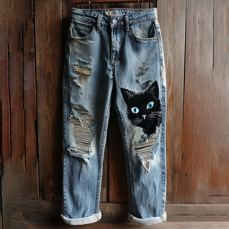 Comstylish Women's Vintage Distressed Cut Black Cat Embroidery Washed Jeans