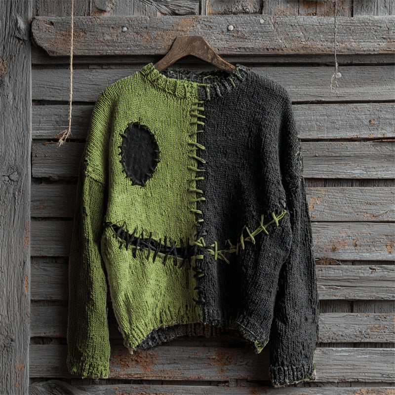 Halloween Spooky Face Contrast Stitched Cozy Knit Sweater artswardrobe