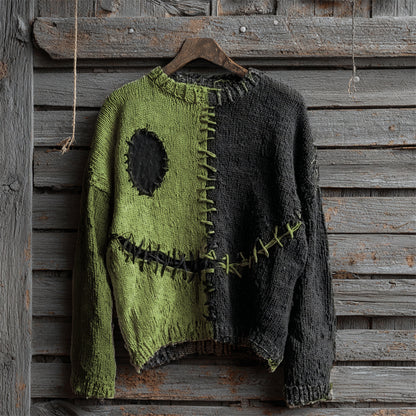 Halloween Spooky Face Contrast Stitched Cozy Knit Sweater artswardrobe