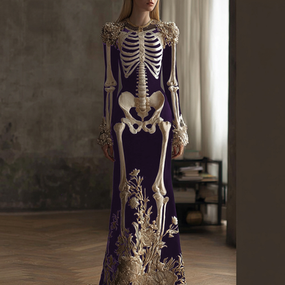 Comstylish Women's Halloween Retro Anatomy Art And Flower Gothic Velvet Long Dress