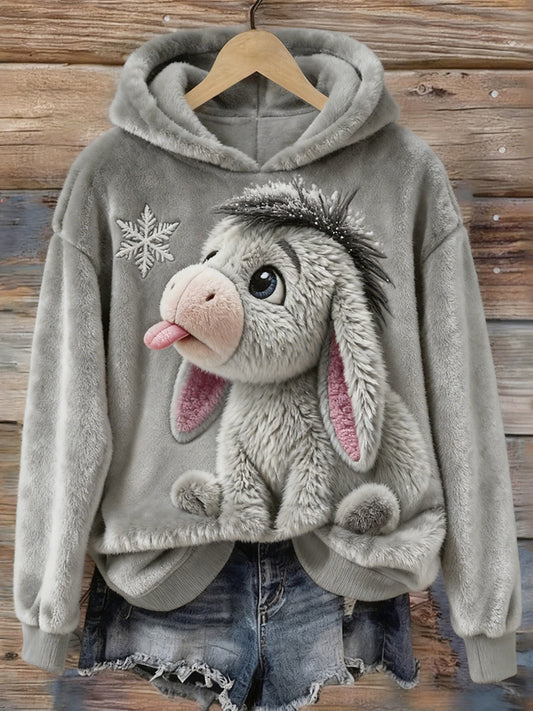 Cute Baby Donkey & Snowflake Embroidered Cozy Plush Hoodie artswardrobe