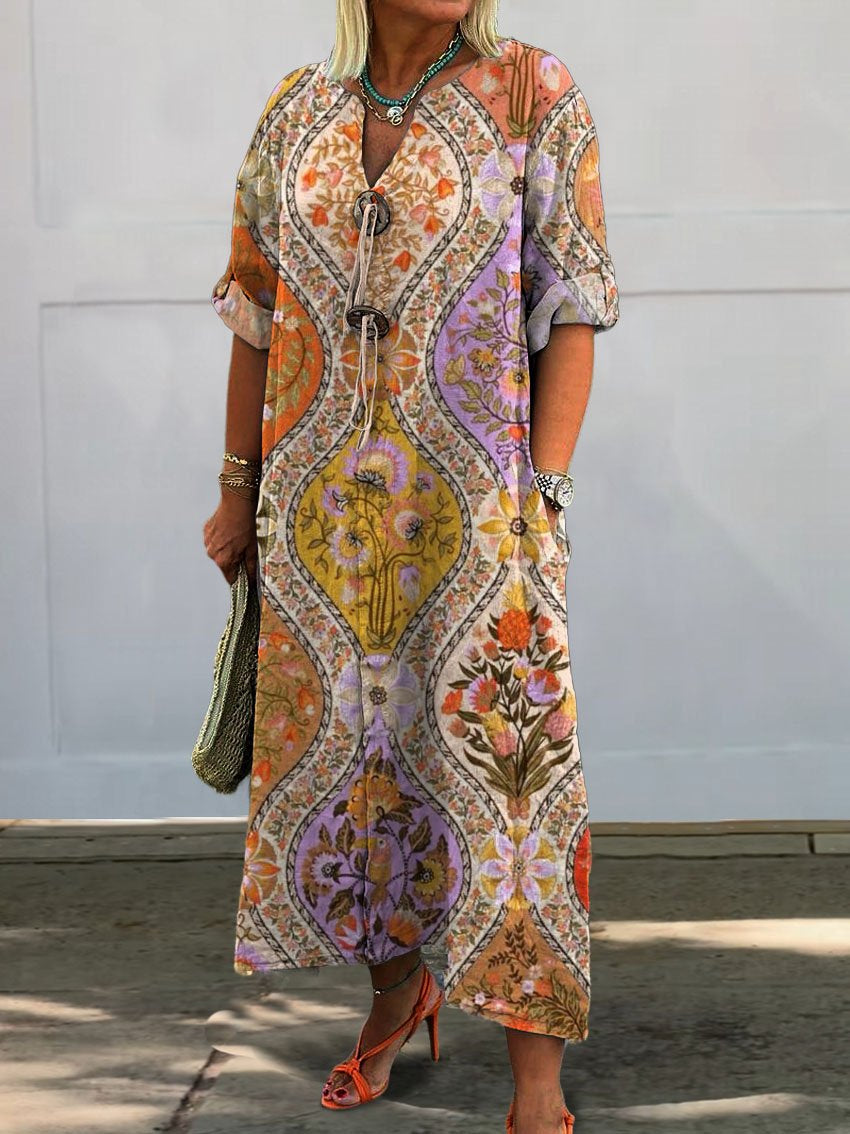 Women's Vintage Lovely Floral Art Print Pocket Cotton Dress