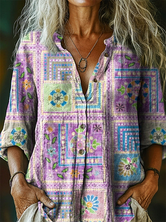 Women's Ethnic Tattoo Patchwork Pattern Art Print Linen Cotton Casual