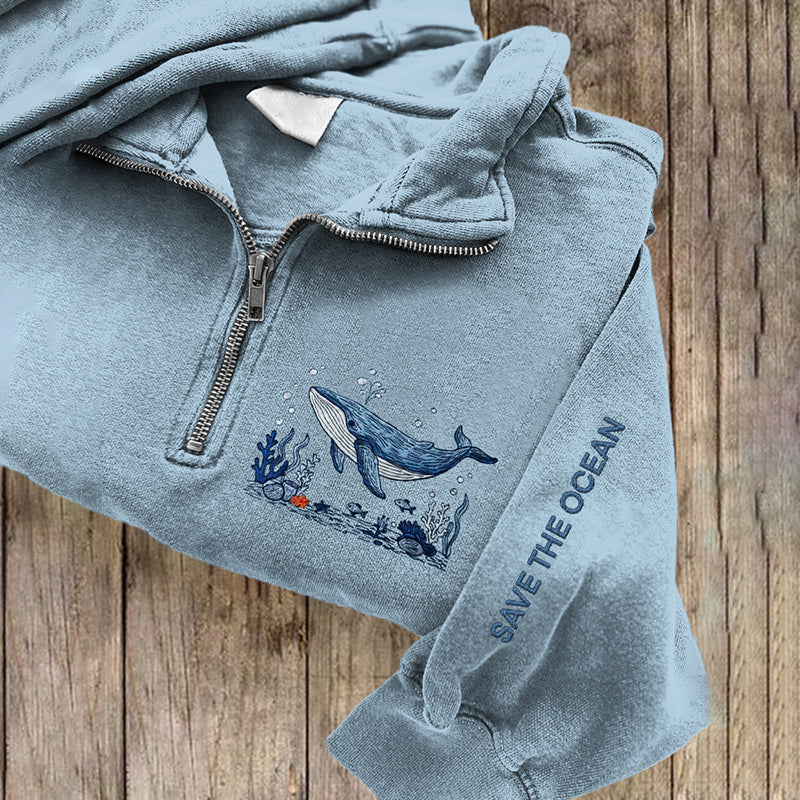 Comstylish Save The Ocean Whale Embroidered Zip Up Sweatshirt