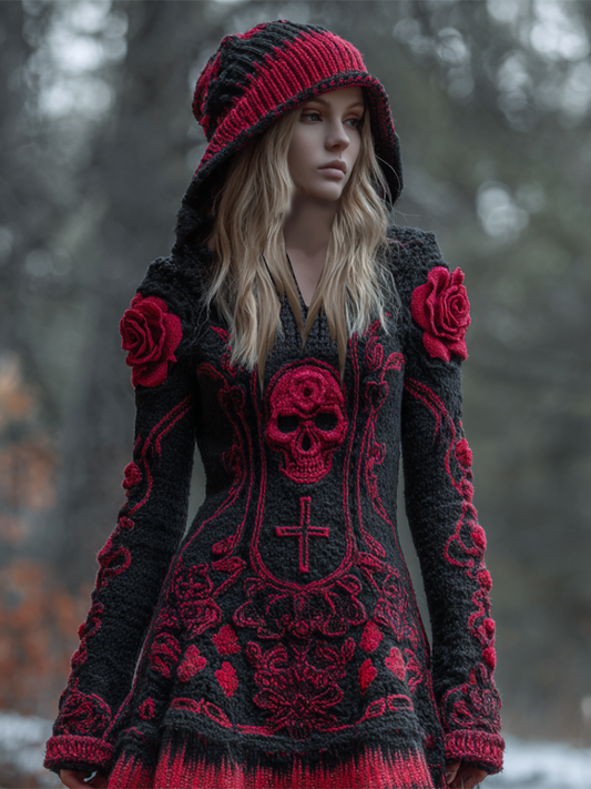 Halloween Viking Style Lady Hooded Knit Sweater Dress elevenforest