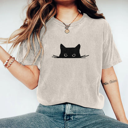 Comstylish Abstract Creative Embroidered Black Cat Art Print T-shirt