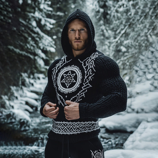 Men's Viking Tribal Jacquard Celtic Inspired Chunky Knit Hooded Sweater artswardrobe
