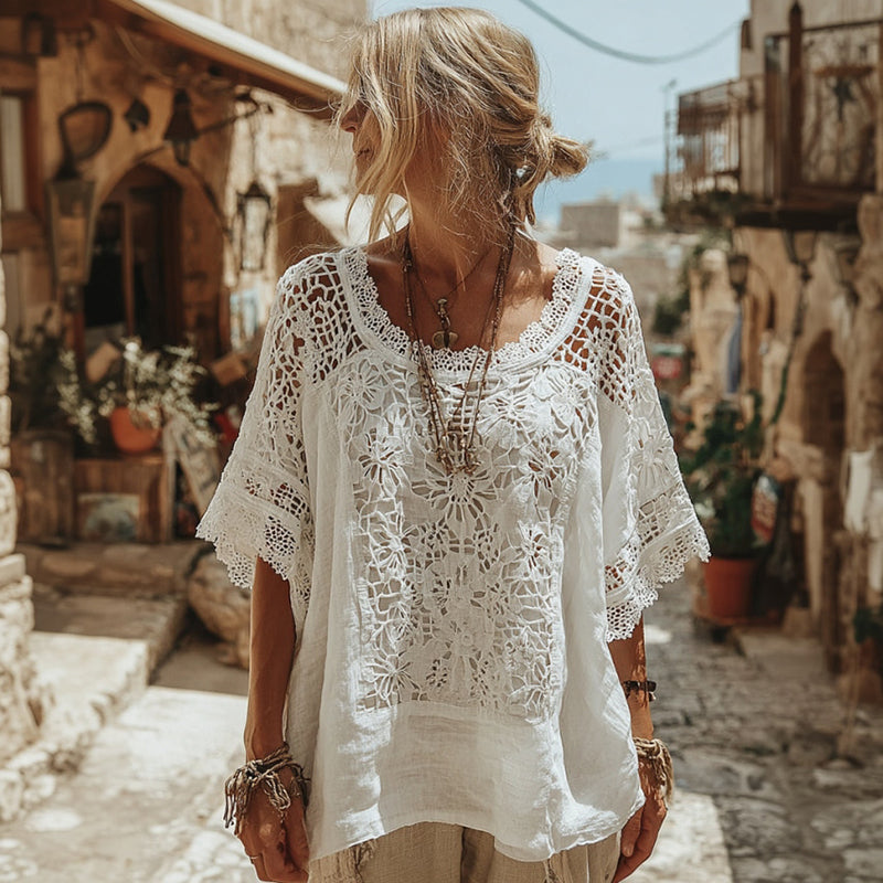 Women's Lace Embroidered Floral Linen Crew Neck T-shirt elevenforest