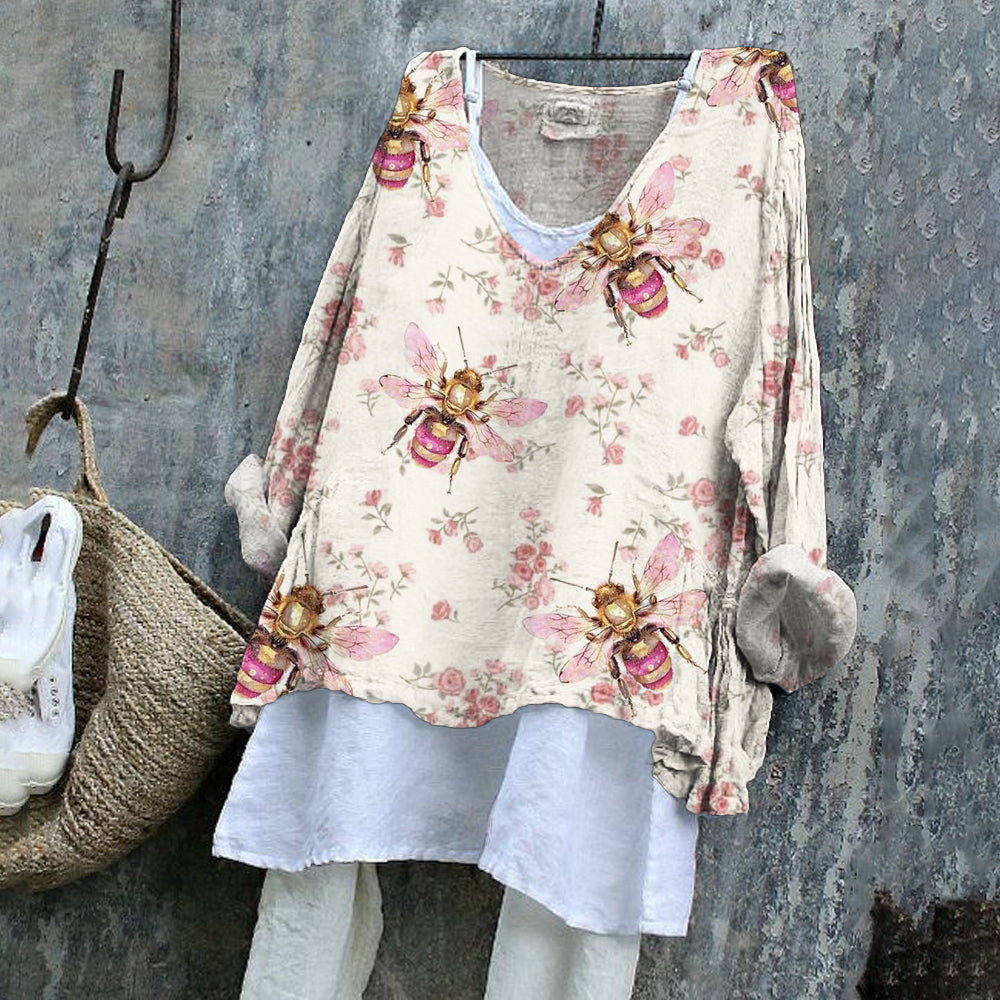 Comstylish Bee Element Vintage Floral Women's Linen Shirt