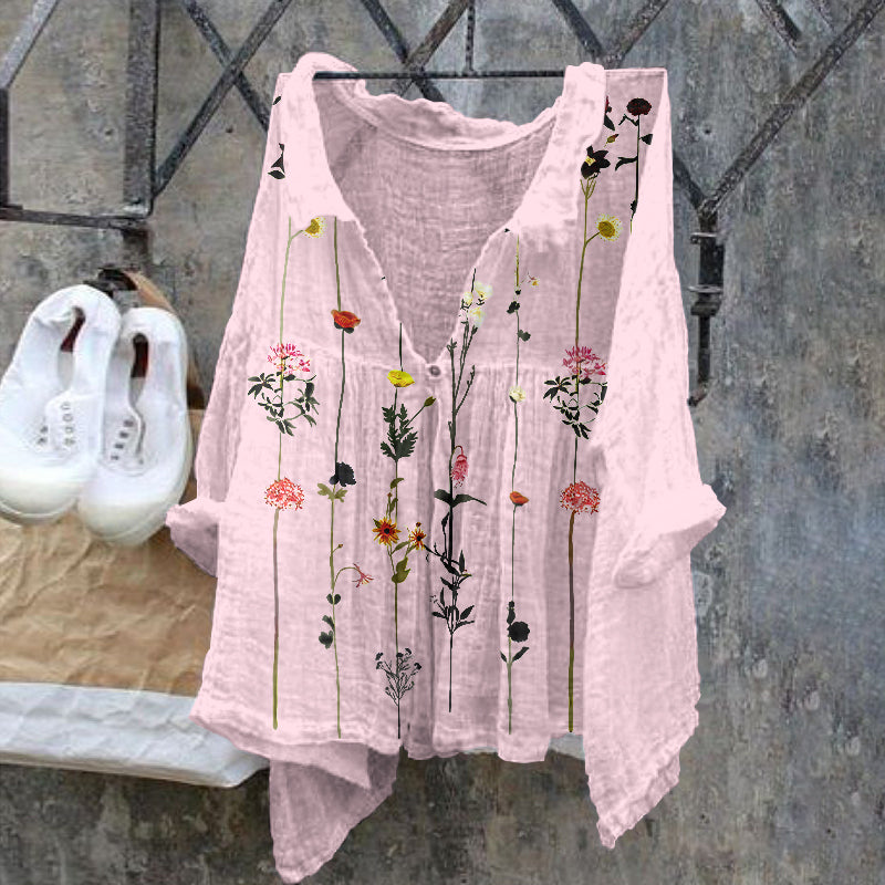 Comstylish Floral Pattern Ladies Casual Floral Print Cotton Linen  Shirt