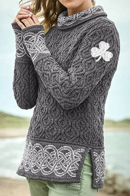 Alicia® | Women's Celtic knotted shamrock turtleneck sweater with creative jacquard