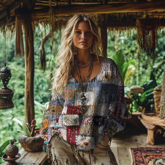 Comstylish Retro Bohemian Resort Patchwork Art Print Cotton And Linen Blend Loose Blouse