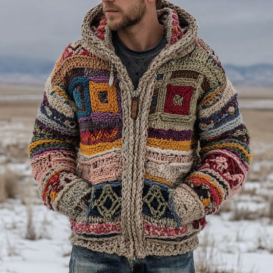 Men's Fair Isle Geometric Crochet Jacquard Warm Zip-up Hooded Sweater artswardrobe