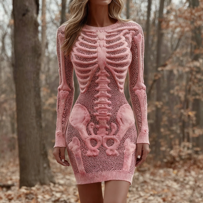 Comstylish Women's Vintage Halloween Skeleton Bones Comfortable Elegant Sweater Dress