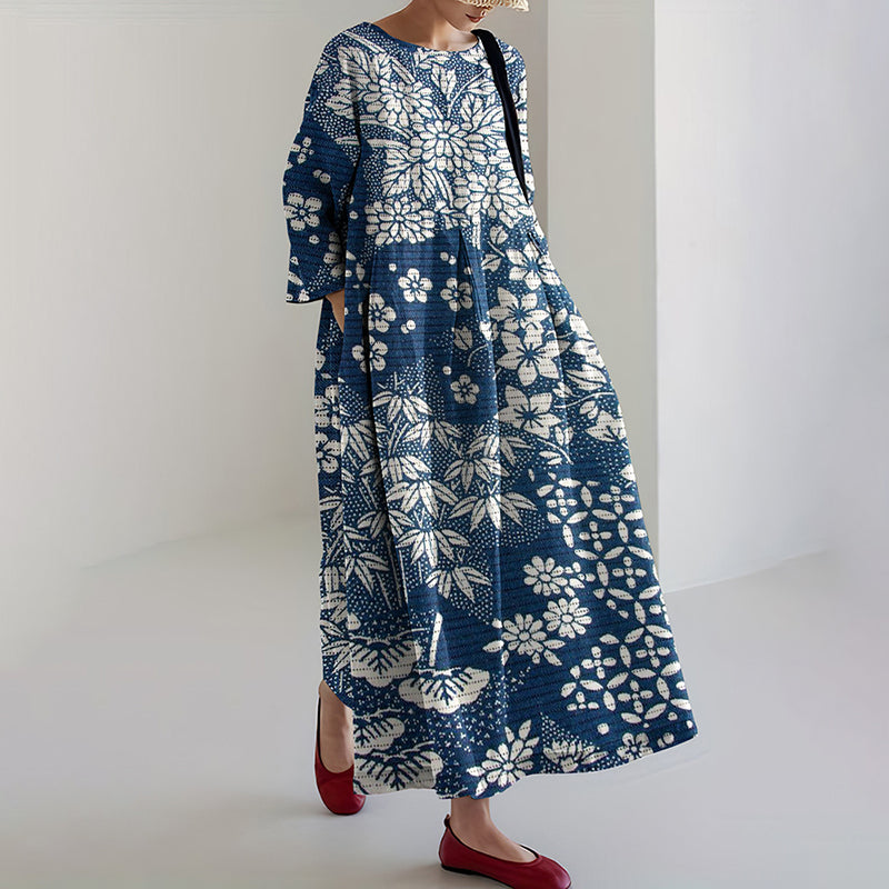 Comstylish Vintage Japanese Art Flower Print Casual Midi Dress