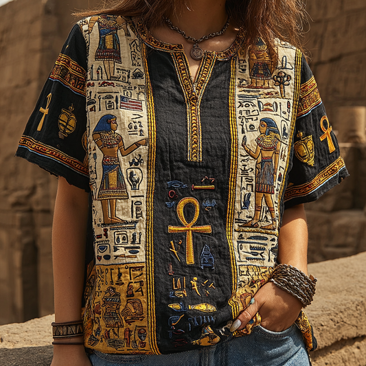 Comstylish Women's Egyptian Ankh Print V-neck Shirt