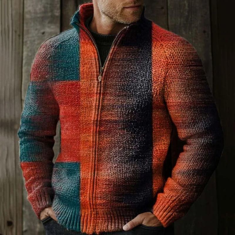 Men's Retro Contrast Design Pattern Zip Sweater artswardrobe