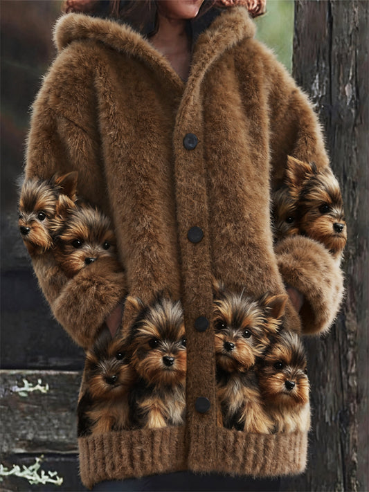 Comstylish Fuzzy Yorkshire Terriers Dogs Cozy Knit Hooded Cardigan