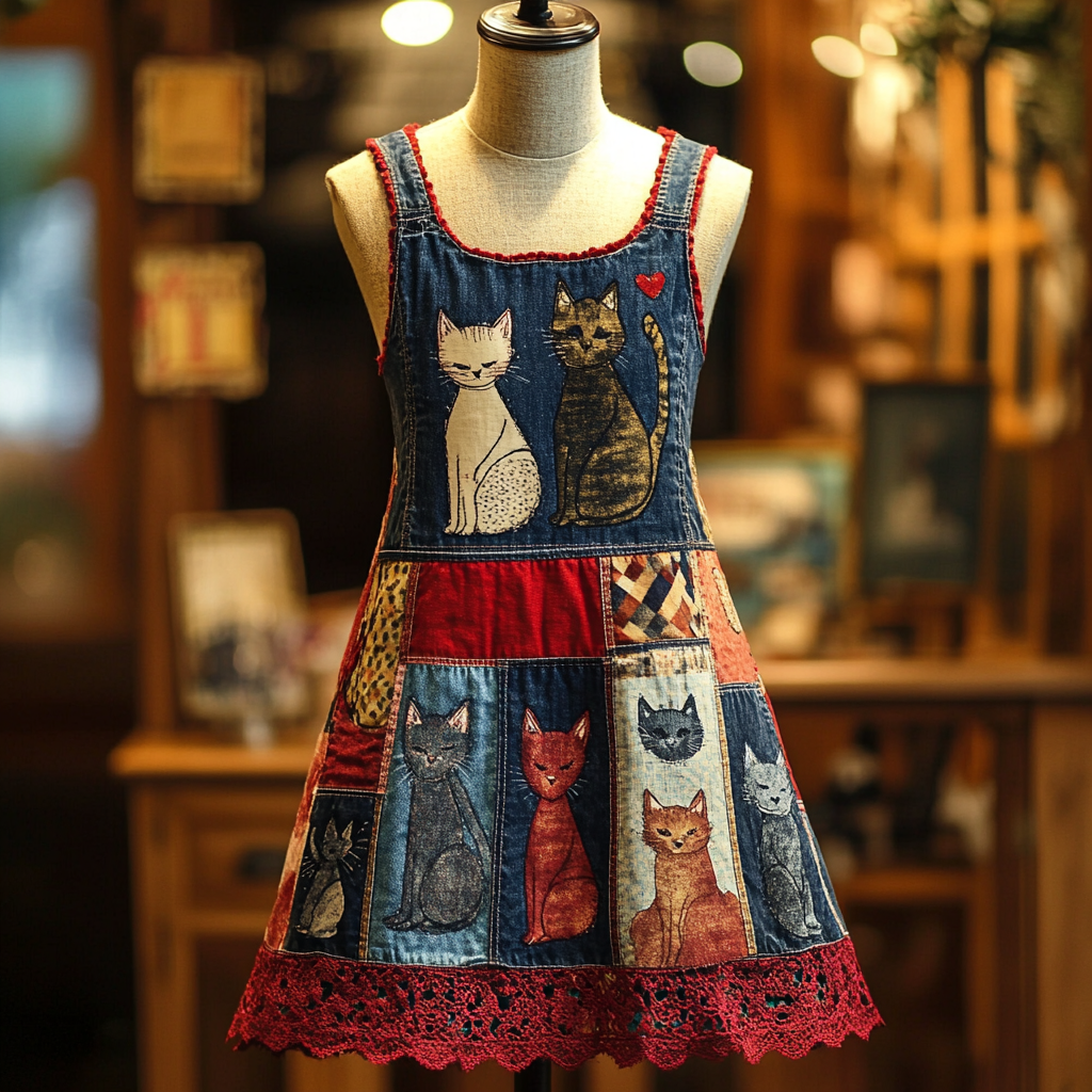 Women's Retro Pop Cat Lace Sling Dress elevenforest