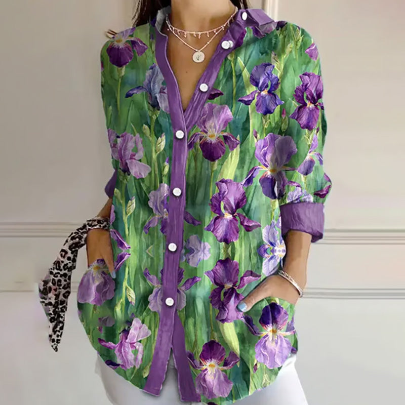 Comstylish Women's Purple Floral Art Print Lapel Shirt